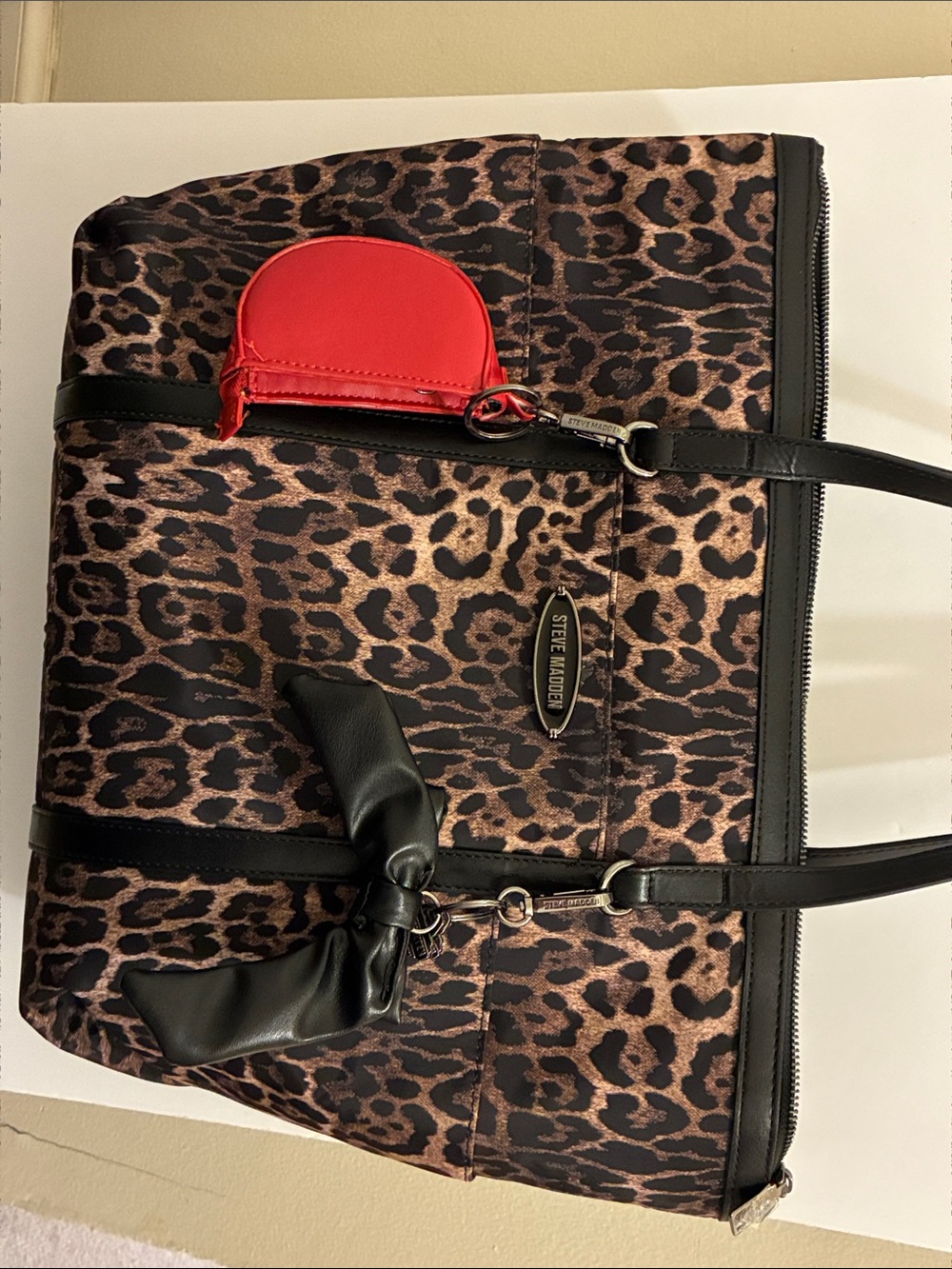 Steve Madden Leopard Print Tote with Black Trim and Red Accent